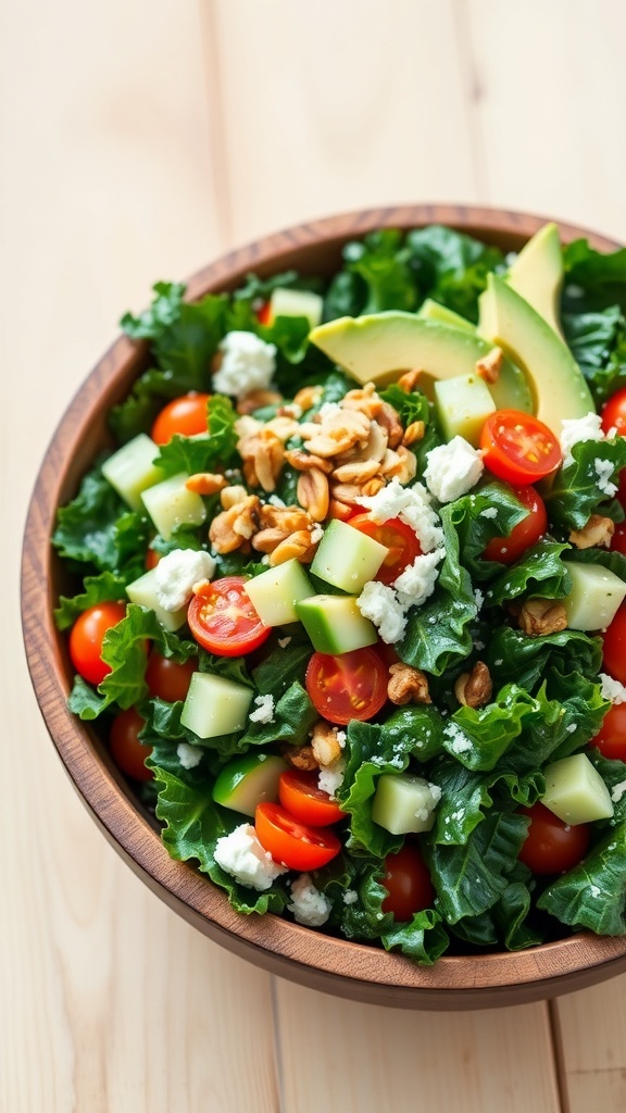 A colorful kale salad with cherry tomatoes, cucumber, avocado, and feta cheese in a wooden bowl.